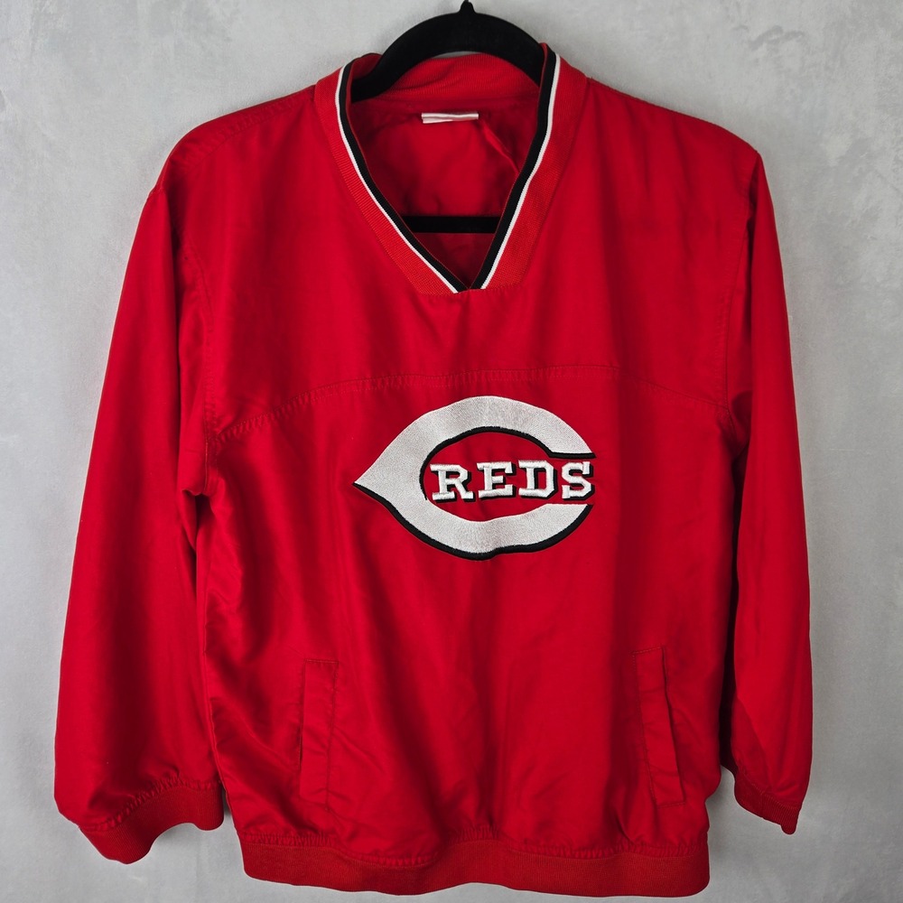 Cincinnati Reds V-Neck Windbreaker Pullover Red Logo MLB Youth L Jacket VTG